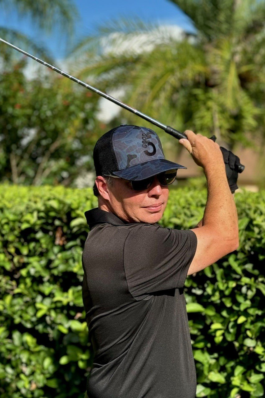Good 5 Golf Trucker Hat Black & Blue Camouflage