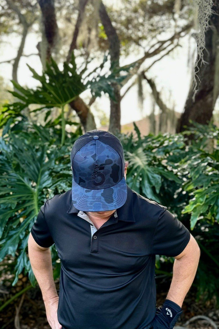 Good 5 Golf Trucker Hat Black & Blue Camouflage