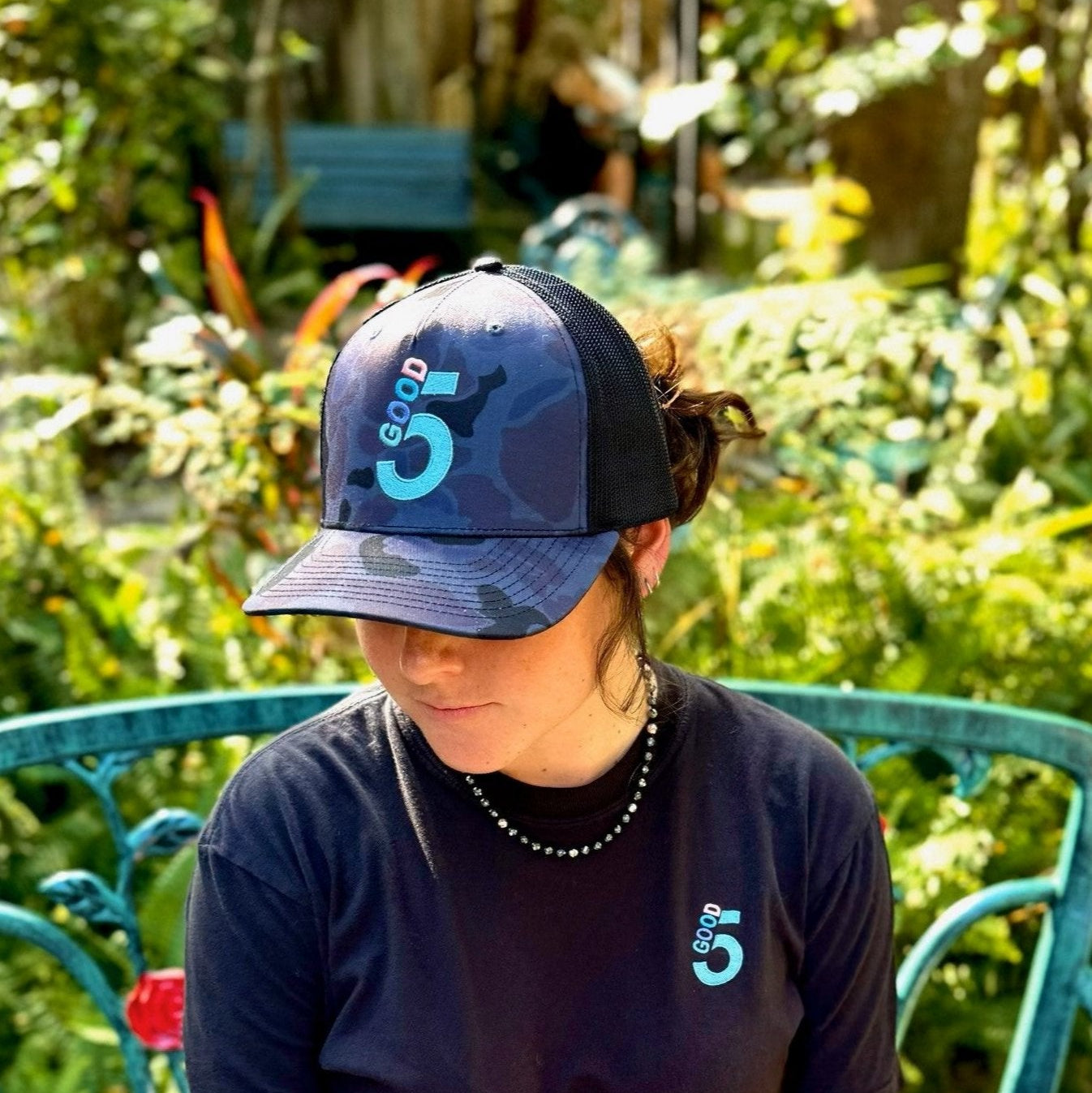 Good 5 Golf Trucker Hat Black & Blue Camouflage