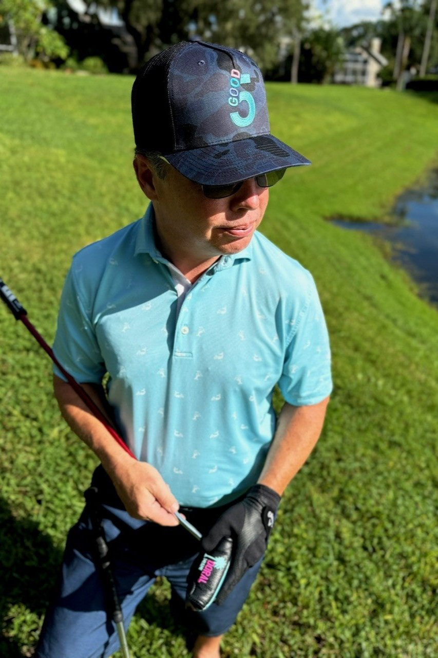 Good 5 Golf Trucker Hat Black & Blue Camouflage