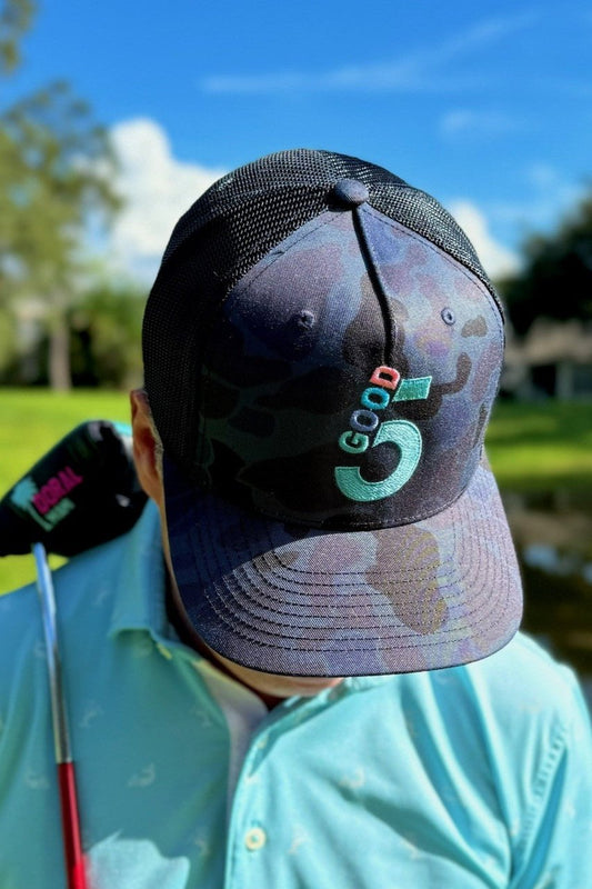 Good 5 Golf Trucker Hat Black & Blue Camouflage