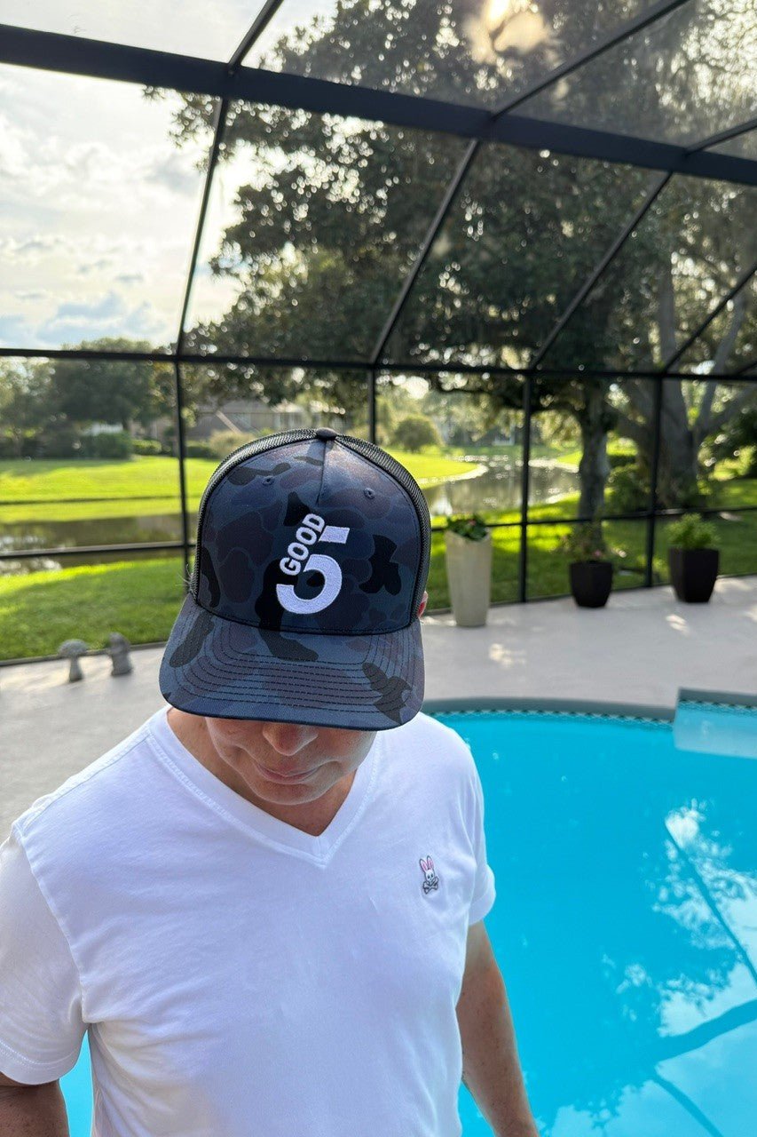 Good 5 Golf Trucker Hat Black & Blue Camouflage